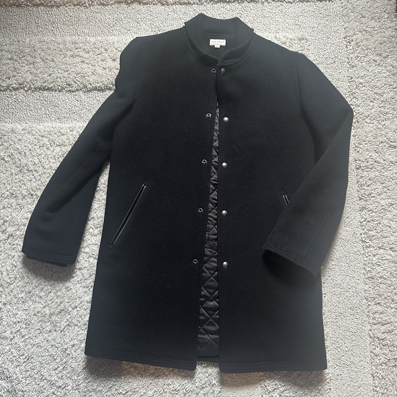 Club Monaco Black Wool Varsity Bomber Coat Mens Small Quilted Lined Snap Front